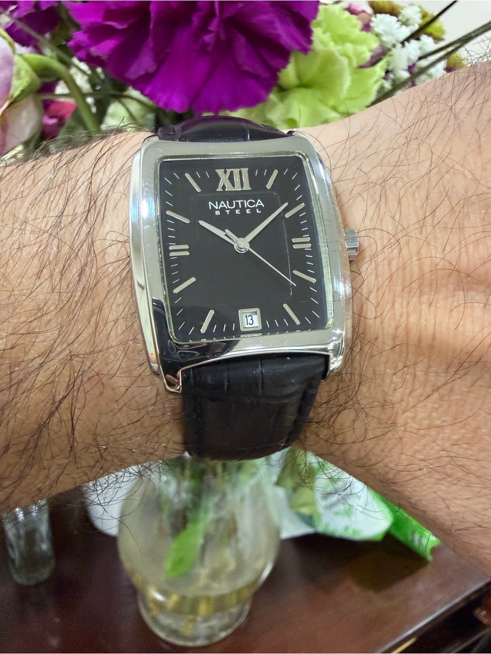 Nautica N07546 Men’s Rectangular Tank Watch Black Dial Leather Strap Steel Case